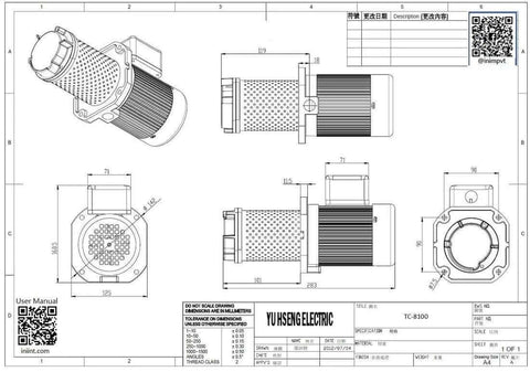 Technical drawing of 1/8 HP machine-tool coolant pump; immersion 100 mm, NPT 3/8 in, 208/415V three-phase by YUHSENG ELECTRIC