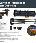 Starter Friendly 130mm Newtonian Reflector Telescope With Manual Equatorial Mount Adjustable Tripod Sharp Optics Includes Essential Accessories And Astronomy Software Package For Easy Night Sky Exploration product components displayed.