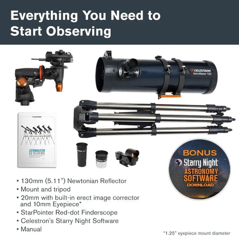 Starter Friendly 130mm Newtonian Reflector Telescope With Manual Equatorial Mount Adjustable Tripod Sharp Optics Includes Essential Accessories And Astronomy Software Package For Easy Night Sky Exploration product components displayed.