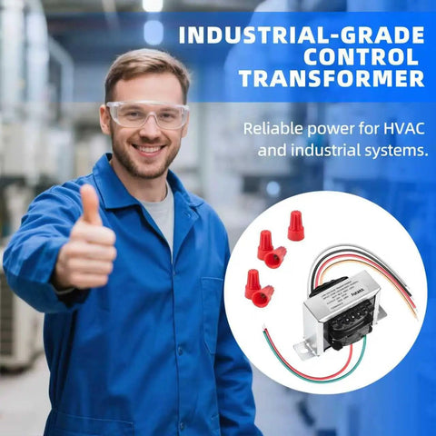 Pro Grade Industrial Control Transformer 24V 40VA Multi Tap 120 208 240V To 24V AC With Foot Mount For HVAC Furnaces Relays And Gas Valves Easy Install And Rock Solid Output shown with installer in blue coat, thumbs up.