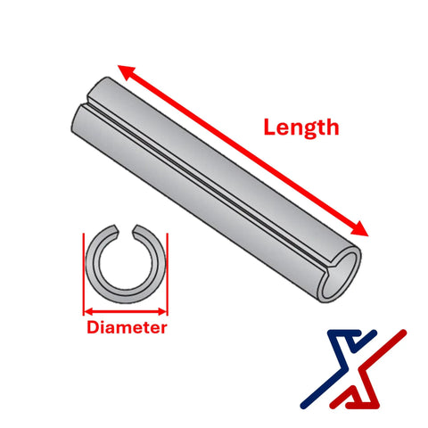 Diagram of Roll Pins Set 1/16 Inch Diameter and 7/16 Inch Long, Spring Pins and Tension Pins showcasing dimensions for rotating shafts.