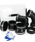 Recreational Vehicle Sewer Connection Kit With Slip Fit Adapter For 3 Inch Pipe Fits All Recreational Vehicle Hoses And Fittings Leak Free Quick Connect For Campers And Travel Trailers Easy Install with black fittings and blue gloves