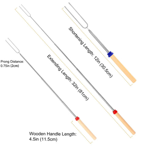 32 Inch Telescoping Marshmallow Roasting Sticks Set For Campfire Open Fire Pit S'mores Skewers with wooden handles.