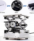 Built Tough Electric Scissor Lift Table With Smooth Remote Height Adjustment showing remote, motor, and power adapter.