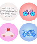Infographic showing universal fit of Pink Bling Valve Stem Caps With Sparkling Rhinestones for car, bike, and motorcycle.