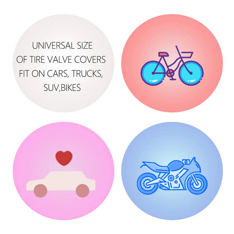 Infographic showing universal fit of Pink Bling Valve Stem Caps With Sparkling Rhinestones for car, bike, and motorcycle.