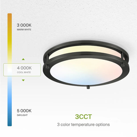 Bright 12 Inch Round Flush Mount LED Ceiling Light With 3 CCT Dimmable Modes and Black Double Ring