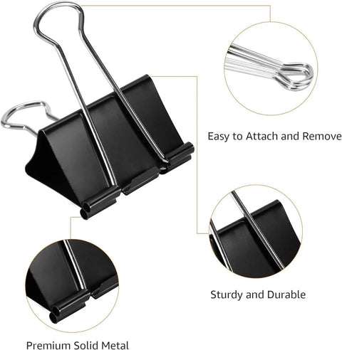 Sturdy 0.75 Inch Binder Clips For Papers And School Projects, Heavy Duty Steel With Extra Strong Grab, close-up view of black clip.