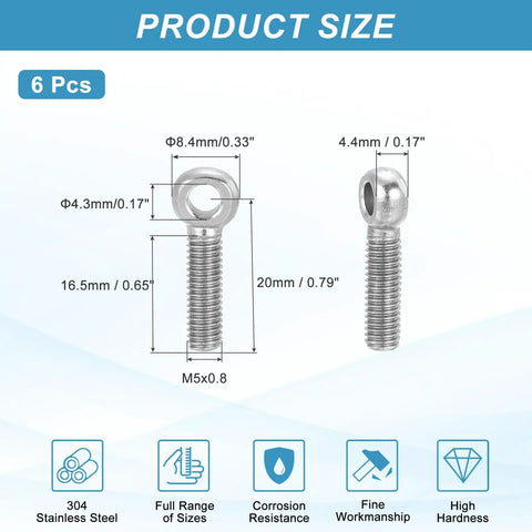 Six Pack Of M5x20mm Shoulder Swing Eye Bolts Made From Tough 304 Stainless Steel for heavy duty rigging. Product size illustration.