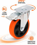 Heavy Duty Beefy Caster Wheels Set Of Four Locking Casters With Dual Ball Bearings Smooth Swivel and Rigid Wheel Brakes close-up on 360° swivel caster.