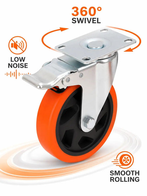 Heavy Duty Beefy Caster Wheels Set Of Four Locking Casters With Dual Ball Bearings Smooth Swivel and Rigid Wheel Brakes close-up on 360° swivel caster.