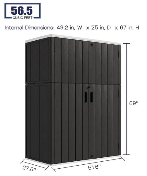 Weatherproof Resin Outdoor Storage Cabinet, 57 Cu Ft Vertical Shed for Patio Furniture, 56.5 cu ft black storage with dimensions