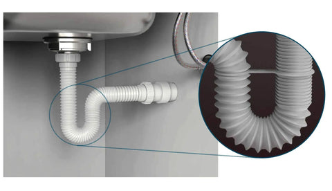 Flexible P Trap For 1-1/2 Inch Drain Lines, White, 24 Inch Length, installed under metal kitchen sink