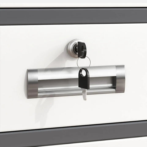 Close-up of lock with key in Sturdy Metal Office Storage Cabinet With Lockable Drawers And Adjustable Shelves Mobile Under Desk Organizer