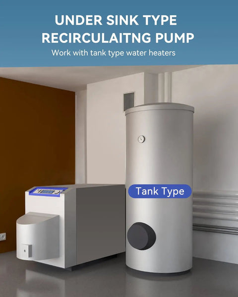 Smart Instant Hot Water Recirculating Pump Kit With Built In Thermostat And Digital Timer Under Sink Circulator System For Tank Heaters Packing Serious Heat, installed next to a tank type heater.