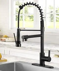 Matte Black Kitchen Faucet With Sprayer installed on white countertop, features single handle pull-down sprayer and spring neck