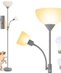 Modern Silver Floor Lamp With Dual LED Heads, 12W Main Light And 4W Adjustable Reading Lamp, 2700K Warm White, 3-Way Dimmer