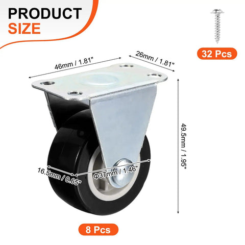 Built Like A Tank Rigid Caster Wheels 8 Pack 1.5 Inch Black PVC Fixed Base Plates dimensions with metal plate and screws