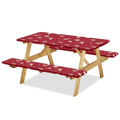 Christmas Reindeer Fitted Picnic Table and Bench Cover Set with windproof and dustproof tablecloth, shown on a wooden picnic table.