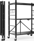 3 Tier Foldable Metal Storage Shelves With 6 Hooks And Wheels, showing sturdy black metal rack open and folded