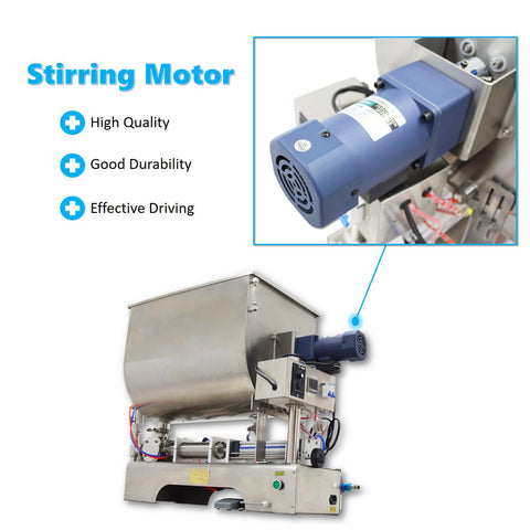 Built Like A Tank Horizontal Pneumatic Filling Machine With 80 Liter Heating Mixing Hopper And Stainless Steel Liquid Paste Filler Featuring 50 To 500 Milliliter Single Nozzle For 110V Production Lines showing stirring motor.