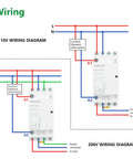 Wiring diagram for Rugged 25A AC Contactor featuring four normally open terminals and din rail mounting, 110V and 208V configurations.