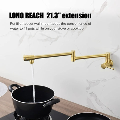 Pot Filler Folding Faucet Wall Mount Solid Brass With Swing Arm Brushed Gold Finish Stretchable Kitchen Sink Faucet For Single Hole Install Two Handle Modern Design Space Saving And Durable
