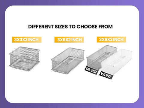 Different sizes of Silver Mesh Desk Organizer Bins For Office And Home Must Have Metal Wire Drawer Cabinet Shelves Caddy Rust Resistant