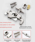 Components of Ten Pack DIN Rail Ground Terminal Block With Screw Clamp Connectors, showing brass crimping and nickel plating.
