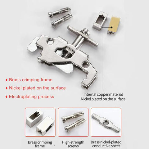 Components of Ten Pack DIN Rail Ground Terminal Block With Screw Clamp Connectors, showing brass crimping and nickel plating.