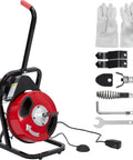 Heavy Duty Electric Drain Snake And Power Auger With Auto Feed, 50 Foot Steel Core Cable displaying components and tools.