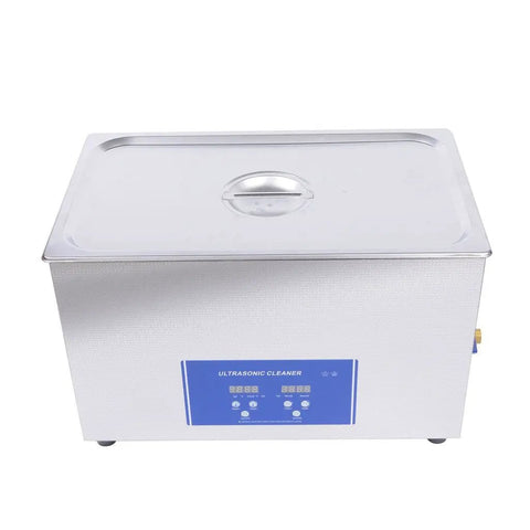 No Sweat Heavy Duty Ultrasonic Cleaner Tank With 30 Liter Capacity And 600 Watt Power For Medical Lab Equipment Washing Plus Smooth Cleanup Adjustable Temperature And Digital Timer 110 Volt, silver stainless steel.