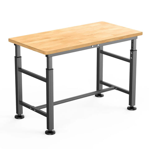 Heavy Duty Adjustable Height Workbench With Rubber Wood Top 47.75 Inch By 23.25 Inch Built Tough 2000 Pounds Load Capacity For Garage Workshop Basement Craft Room And Home Projects, showing rubberwood top and steel frame.