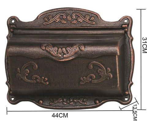 Front view of Weatherproof Antique Bronze Cast Aluminum Mailbox Wall Mounted Old School Vintage Look Heavy Duty Outdoor Mailbox.