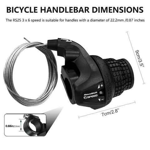 Two Pack Universal Bike Gear Shifters 3x6 Speed Revoshift Trigger Levers for MTB and Folding Bikes with measurements