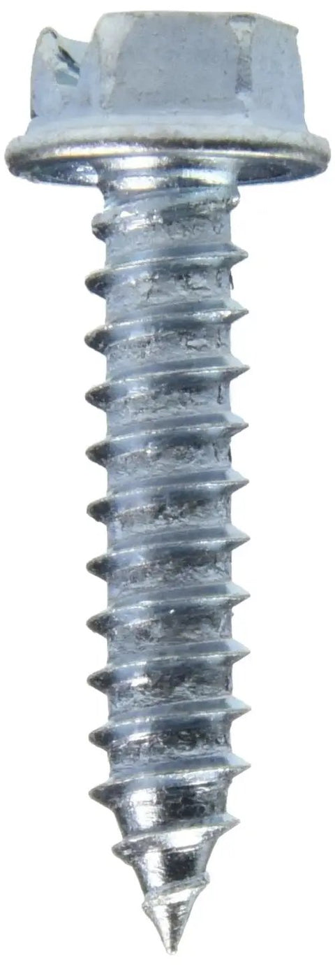 Boss Grade Size 12 by 1 Inch Slotted Sheet Metal Screws with Hex Washer Heads, heavy duty screw close-up.