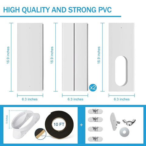 Portable Window Kit For Air Conditioner With 5 Inch Exhaust Hose Adjustable Coupler And Seal Sliding Vent Rail Includes Sealing Tape And Mounting Screws For Easy No Fuss Installation showing components and dimensions.