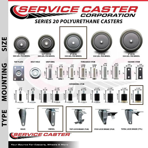 Heavy Duty Polyurethane Swivel Casters With 4 Inch Gray Wheels And Standard Expanding Stems Stainless Steel image detailing size and load capacity.