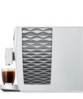 Piano White Super Automatic Coffee Machine With Pro Aroma Grinder And Pulse Extraction Tech For Straight Barista Quality Crema, side view with espresso.