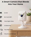 Crisp 2K Indoor Security Camera With Dual Band WiFi And Full Color Night Vision on a table showcasing design and features.