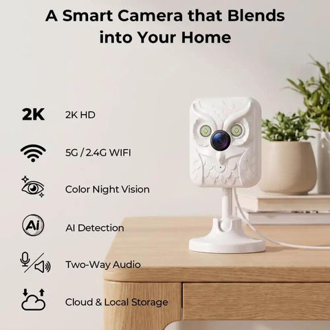 Crisp 2K Indoor Security Camera With Dual Band WiFi And Full Color Night Vision on a table showcasing design and features.