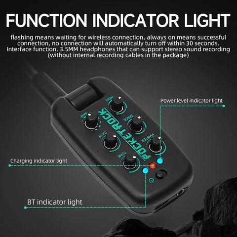 Guitar Headphone Amp With 9 Simulation Tones USB Rechargeable Pocket Effects Unit with indicator lights marked.