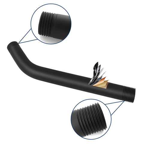 Matte Black 10 Inch Shower Arm With Flange, 304 Stainless Steel Extension Pipe, highlighting 1/2 NPT tapered threads, rustproof