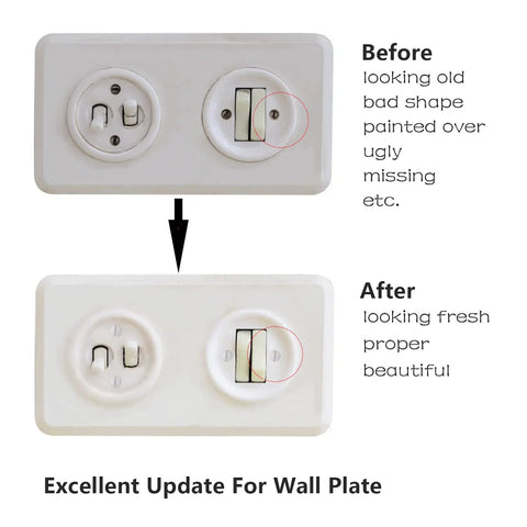 Before and after of outlets showing 100 Pack White Wall Plate Screws With Assorted Lengths Three Eighths Inch Nine Sixteenths Inch Three Fourths Inch And One Inch Six Thirty Two Thread Perfect Replacement For Outlet Covers Light Switch Plates Must Have For DIYers.