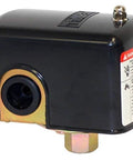 Front view of Merrill MPS4060 water-well pressure switch, black housing with brass 1/4-inch NPT port.