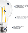 Vintage Edison Style A19 LED Bulbs 100W Equivalent 1600 Lumens 3000K Soft White Dimmable Damp Rated UL Listed Clear Glass Filament E26 Base 12W 2 Pack For Your Home Vibe, depicting clear filament technology and E26 base close-up.