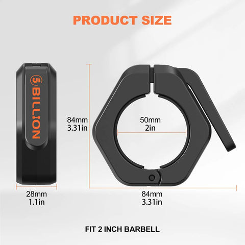 Beefed Up 2 Inch Barbell Clamps Pair With Anti Slip TPR Lining For Quick Release And Rock Solid Secure Weightlifting At Home Or Gym, Durable Nylon And Glass Fiber Construction, Black, shown from side and front view.