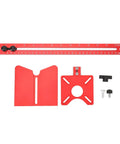 Rock Solid Heavy Duty 4 In 1 Aluminum Router Jig Kit With Quick Assembly Backer Bracket, red router components and measuring ruler.