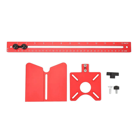 Rock Solid Heavy Duty 4 In 1 Aluminum Router Jig Kit With Quick Assembly Backer Bracket, red router components and measuring ruler.