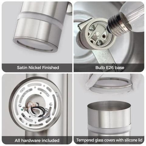 Dope Modern Cylinder Outdoor Wall Light Stainless Steel Porch Sconce With Nickel Finish, hardware details, and E26 bulb base